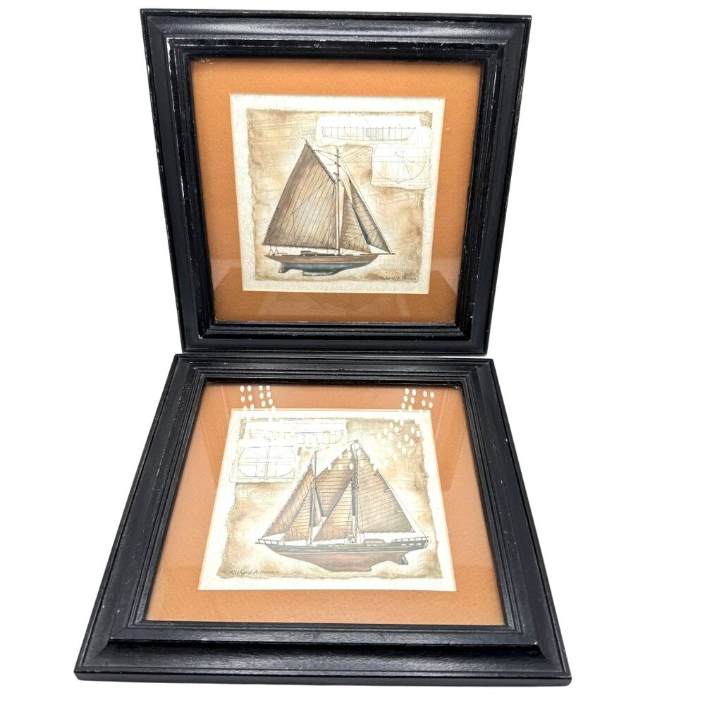 Set Of 2 Nautical Sailboat Prints In Black Wood Frames by Richard A Henson Vtg